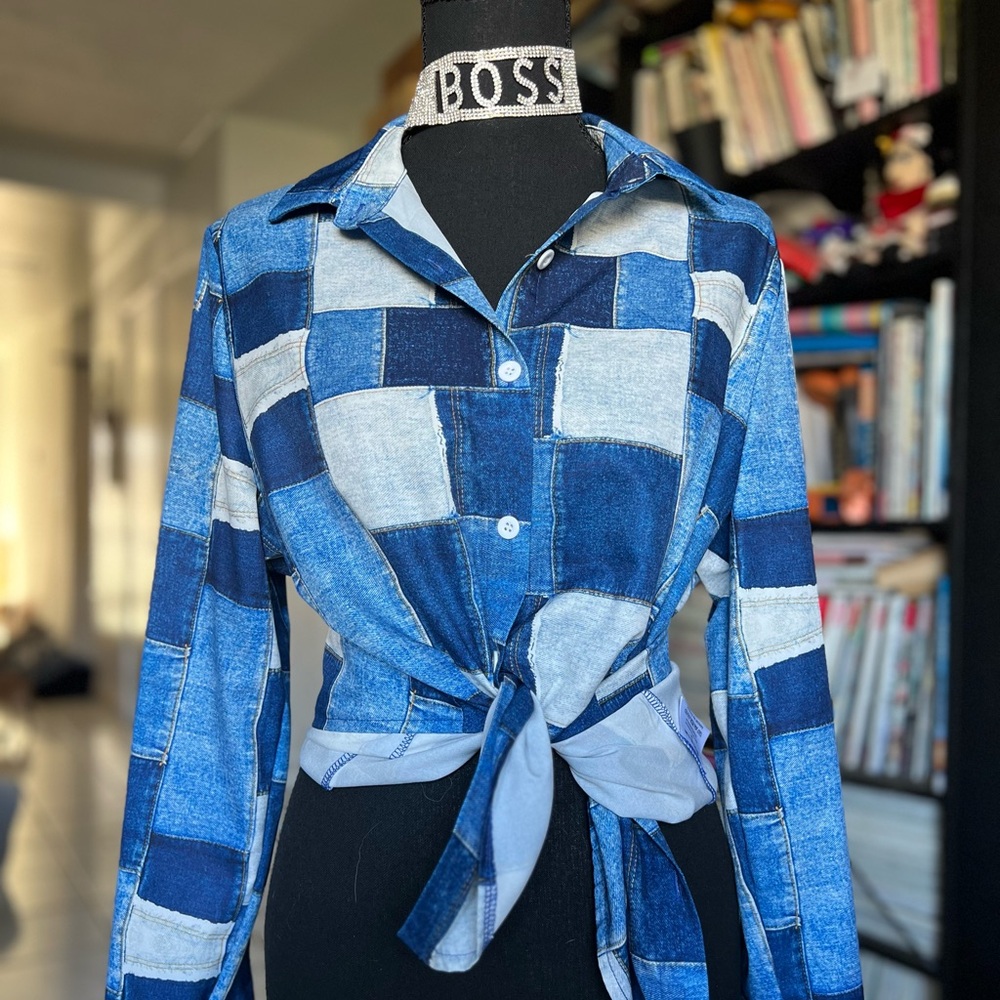 Patchwork Long Sleeve Tee - Blue